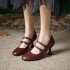Womens Sheepskin Leather Mary Janes Double-Strap Mid Heel Round Toe Pumps