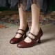 Womens Sheepskin Leather Mary Janes Double-Strap Mid Heel Round Toe Pumps