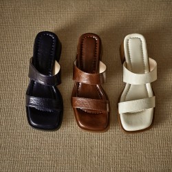 Women's Leather Summer Simple Mid Heeled Sandals Mule