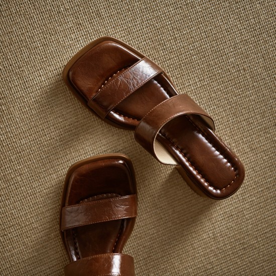 Women's Leather Summer Simple Mid Heeled Sandals Mule