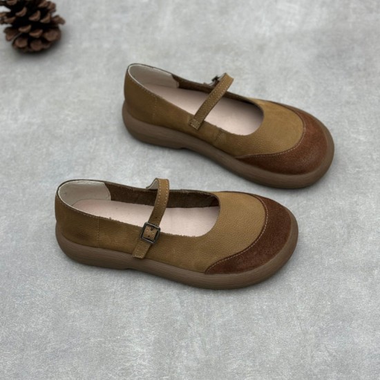 Women's Handmade Leather Patchwork Flat Mary Jane Shoes