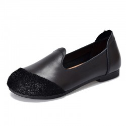 Vintage Literary Handmade Leather Round Toe Patchwork Flat Shoes Women's Shoes