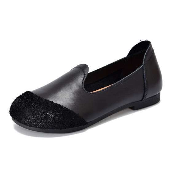 Vintage Literary Handmade Leather Round Toe Patchwork Flat Shoes Women's Shoes