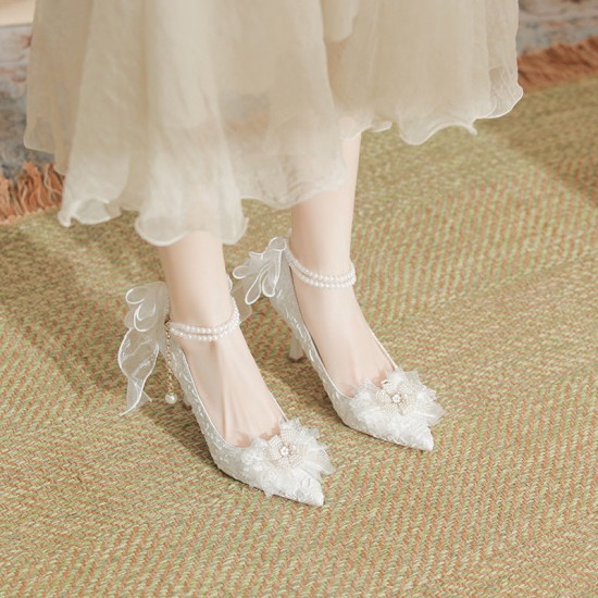 Lace Bow White High Heels Pearl Chain Wedding Party Women's Shoes