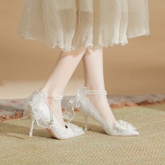 Lace Bow White High Heels Pearl Chain Wedding Party Women's Shoes