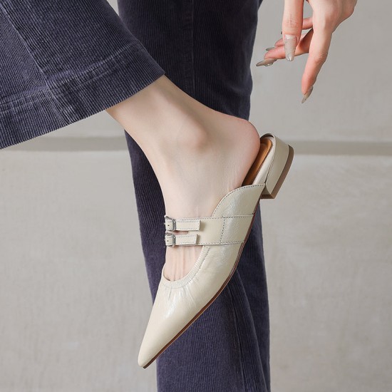 Womens Pointed Toe Stylish Double Buckle Sheepskin Low Heel Mule Shoes