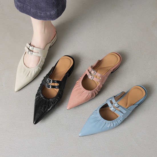 Womens Pointed Toe Stylish Double Buckle Sheepskin Low Heel Mule Shoes