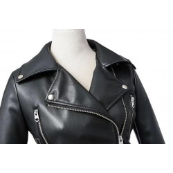 Women's Faux Leather Textured Short Moto Jacket Zip-up PU Biker Coat
