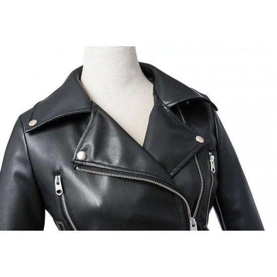 Women's Faux Leather Textured Short Moto Jacket Zip-up PU Biker Coat