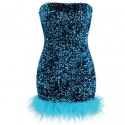 Women Sequin Bandeau Ostrich-Trim Prom Mini Dress