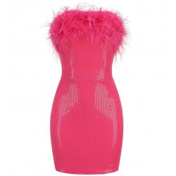 Women Sequin Bandeau Feather Prom Mini Dress