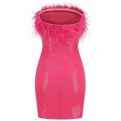 Women Sequin Bandeau Feather Prom Mini Dress