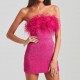 Women Sequin Bandeau Feather Prom Mini Dress