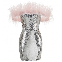 Women Sequin Off-shoulder Feather Prom Mini Dress