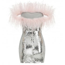 Women Sequin Off-shoulder Feather Prom Mini Dress