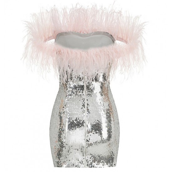 Women Sequin Off-shoulder Feather Prom Mini Dress