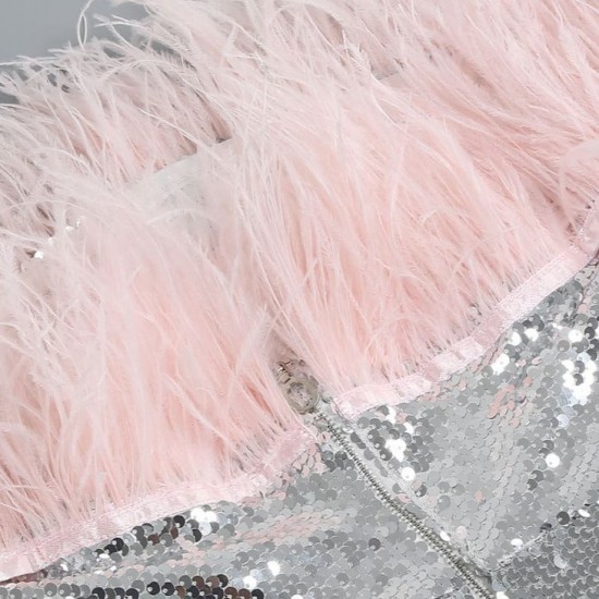 Women Sequin Off-shoulder Feather Prom Mini Dress