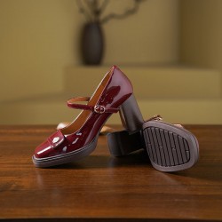 Women's Patent Leather Mary Jane Heels Pumps Shoes with Buckle Straps
