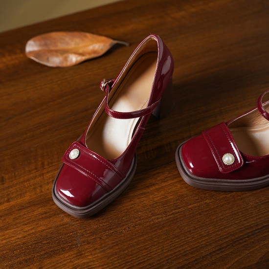 Women's Patent Leather Mary Jane Heels Pumps Shoes with Buckle Straps