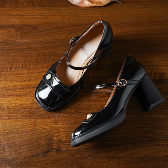 Women's Patent Leather Mary Jane Heels Pumps Shoes with Buckle Straps